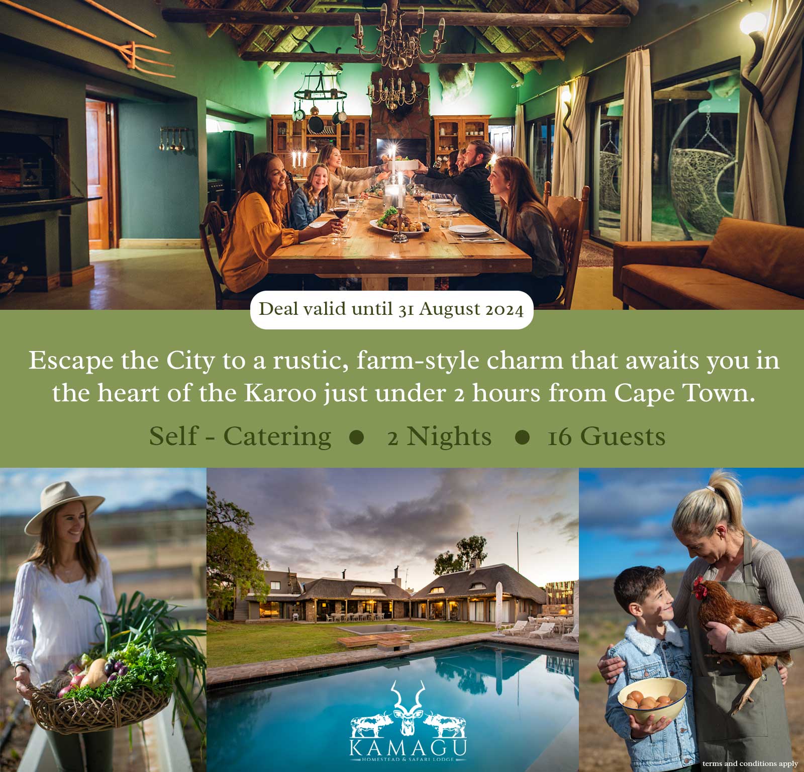 Promotional image showing images of guests and information about the 2 night winter deal and rates for Kamagu Homestead